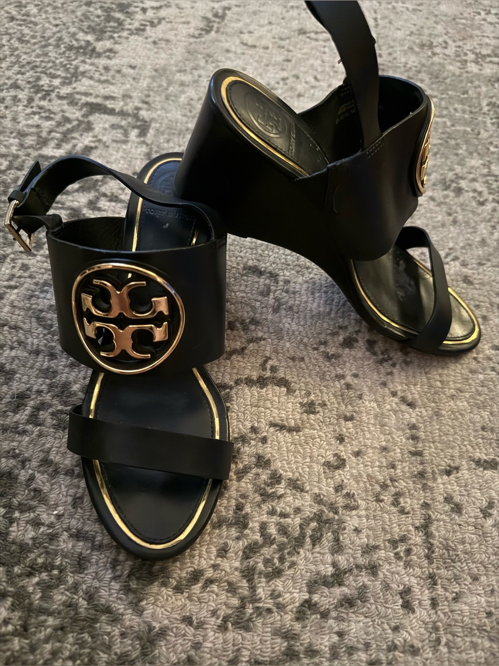 Tory Burch Black Leather Wedge Sandals with Gold Logo Medallions